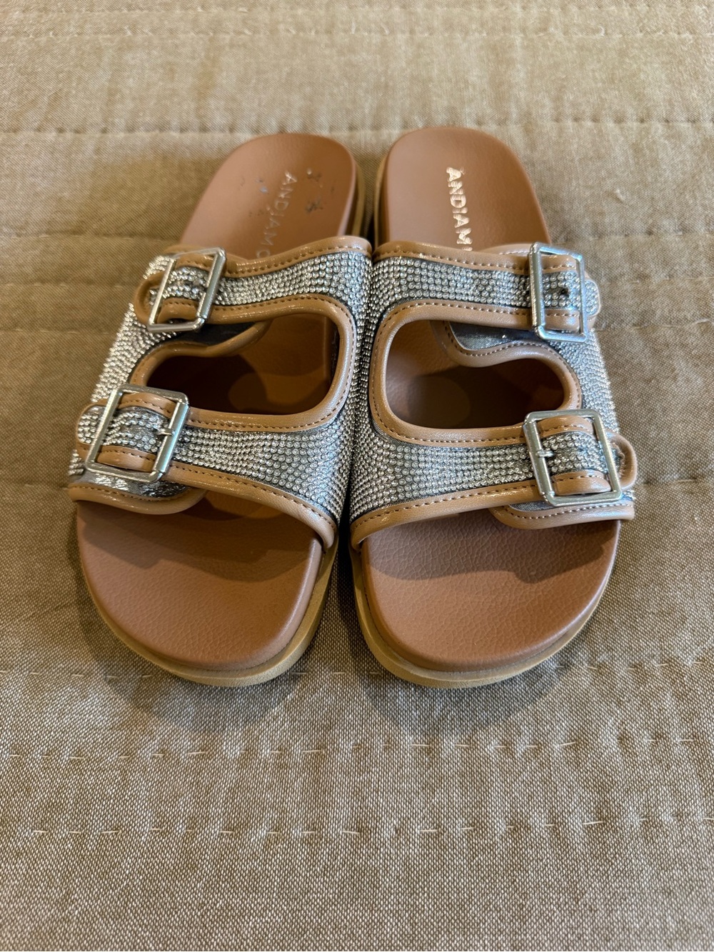 Embellished Double-Buckle Slide Sandals - Tan & Silver